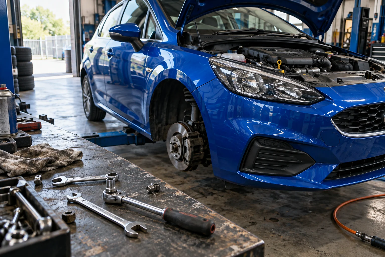 Illustrative independent garage scene with a blue car, exposed brake assembly and used workshop tools