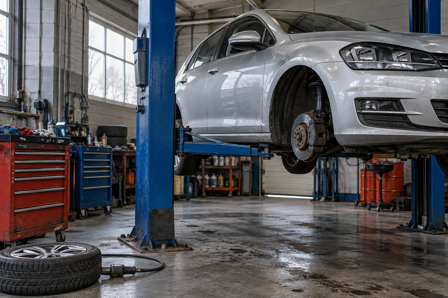 Illustrative scene: Car on a workshop lift with an exposed brake assembly and used tools