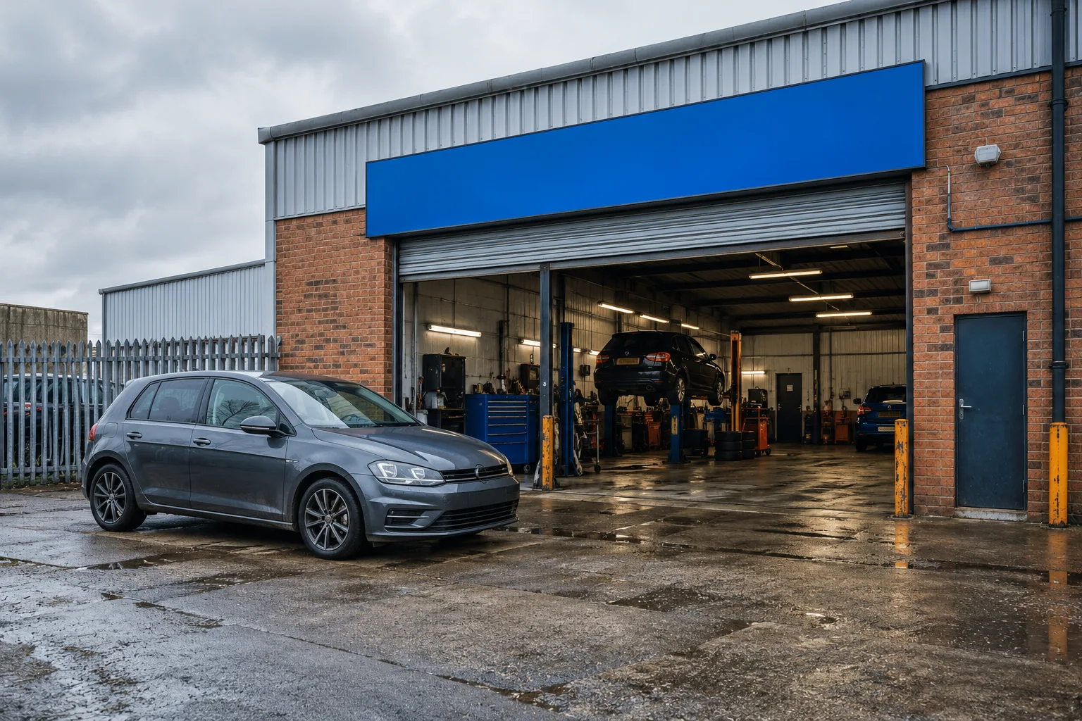 Illustrative scene: Independent workshop entrance with a parked car and weathered forecourt