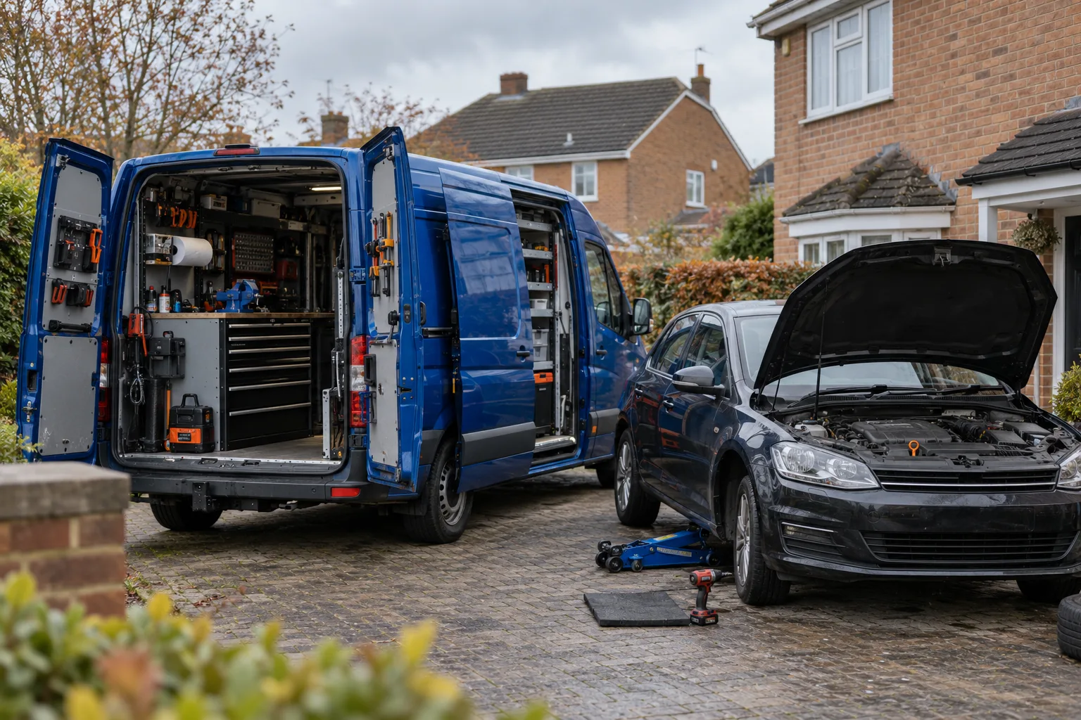 Illustrative scene: Open mobile mechanic van beside a car on a residential driveway