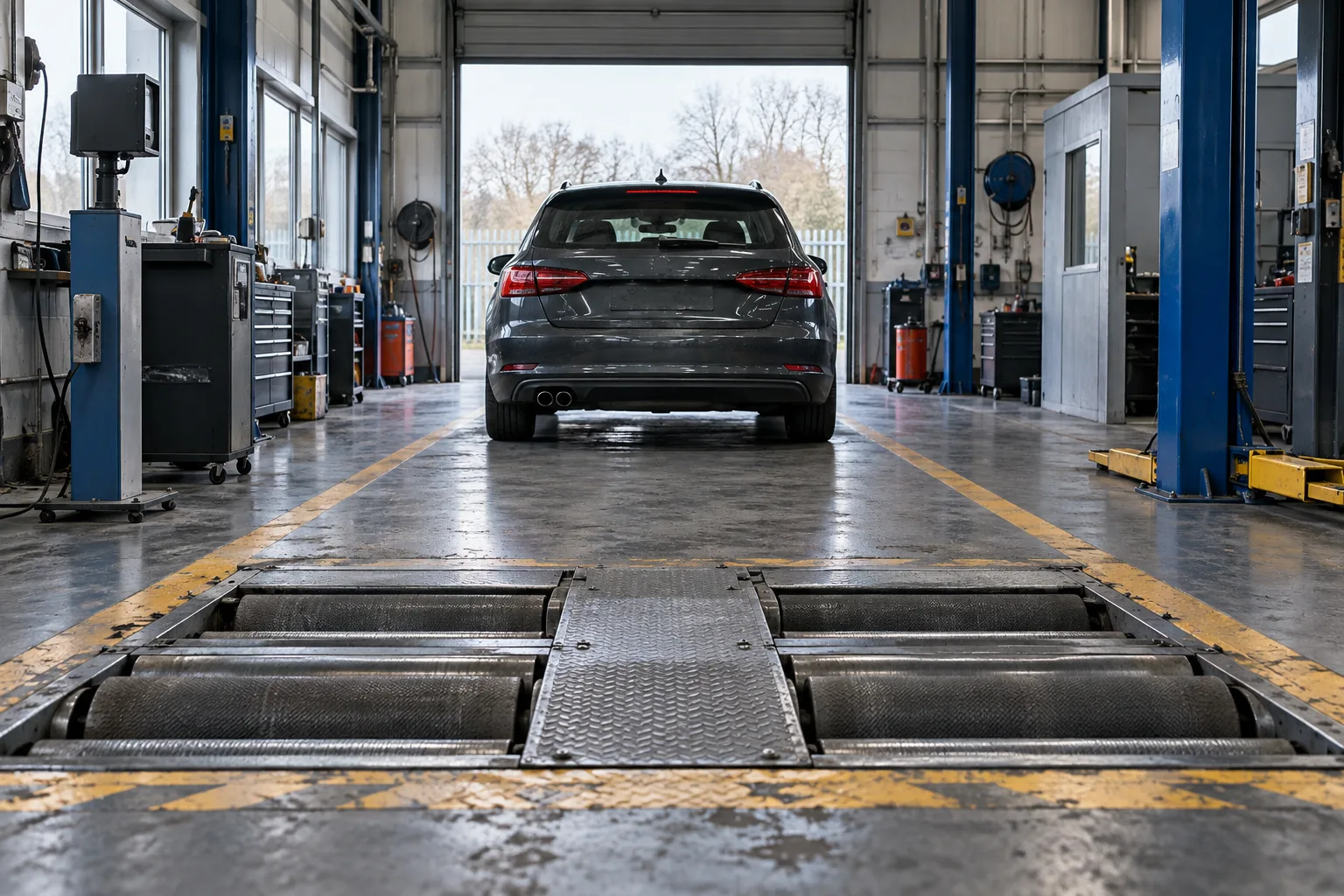 Illustrative scene: MOT inspection lane with brake rollers and worn floor markings